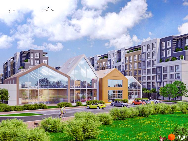 Житловий комплекс Riverside з фасадами з великими вікнами та прибудинковою територією з зеленими насадженнями та автомобілями.