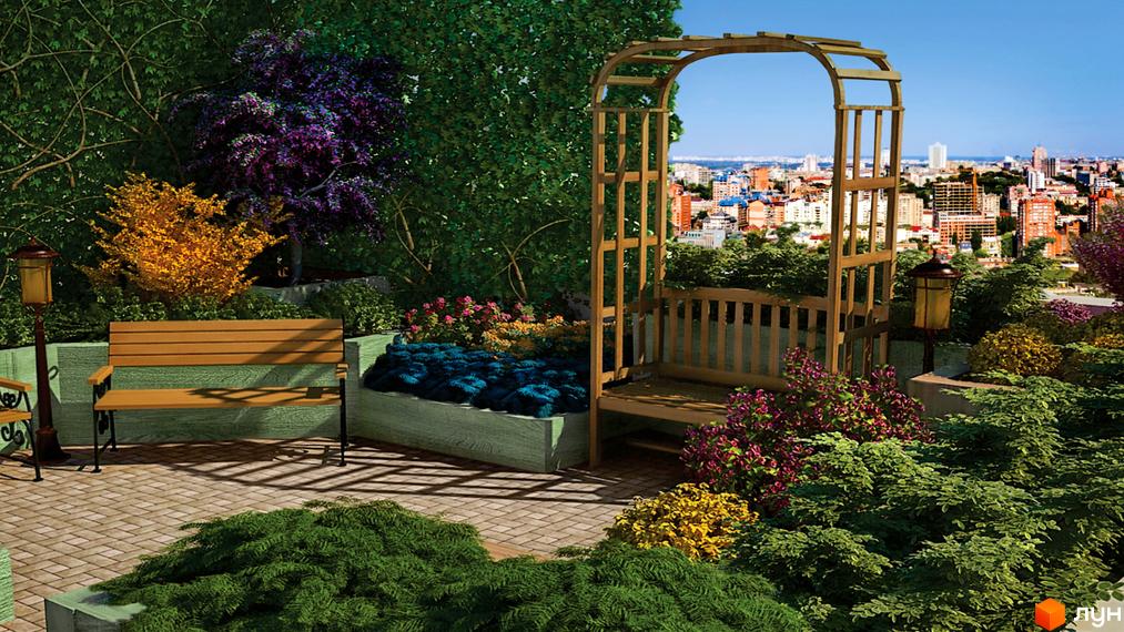 Garden City Residence. Архітектурний ансамбль з дерев'яною альтанкою на прибудинковій території з лавками та зеленими насадженнями. На фоні видно міську забудову.