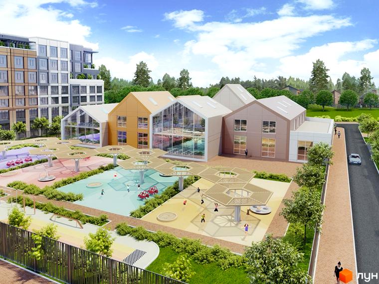 Житловий комплекс Riverside: сучасна архітектура з великими вікнами та зеленою прибудинковою територією з дитячим майданчиком. Оцініть вигляд новобудови.