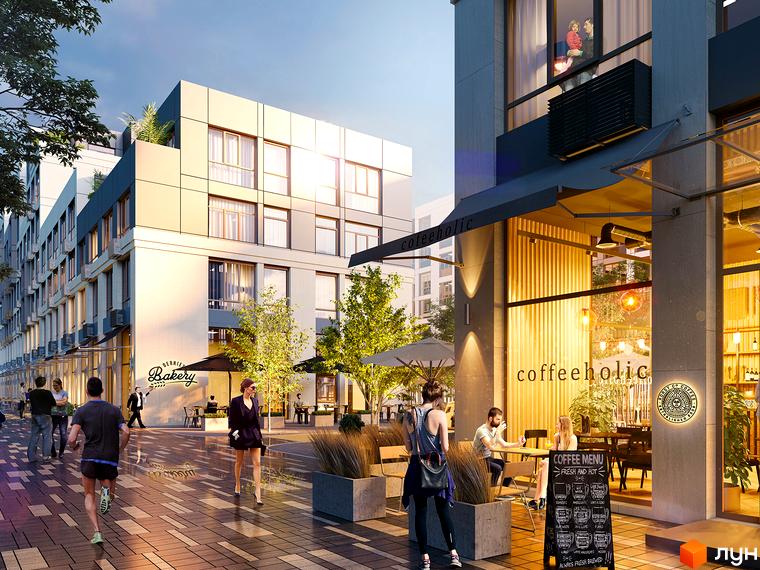 Житловий комплекс Riverside: фасади будівель та затишна вулиця з кафе та пішохідною зоною. Сучасна архітектура та комфортне міське середовище для життя.