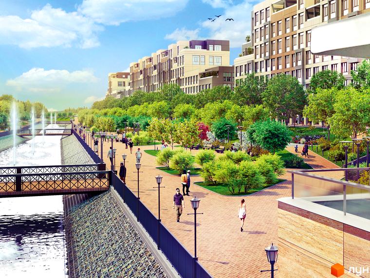 Житловий комплекс Riverside: сучасна архітектура будівель та мальовнича набережна з фонтанами та зонами для відпочинку.