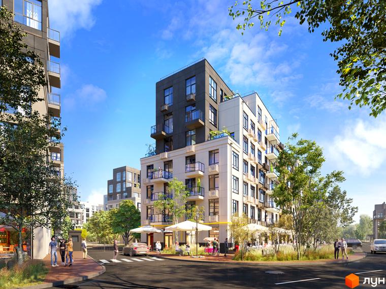 Житловий комплекс Riverside - це сучасна новобудова з елегантним фасадом та упорядкованою прибудинковою територією. На зображенні видно будівлі з балконами та зелені насадження навколо.