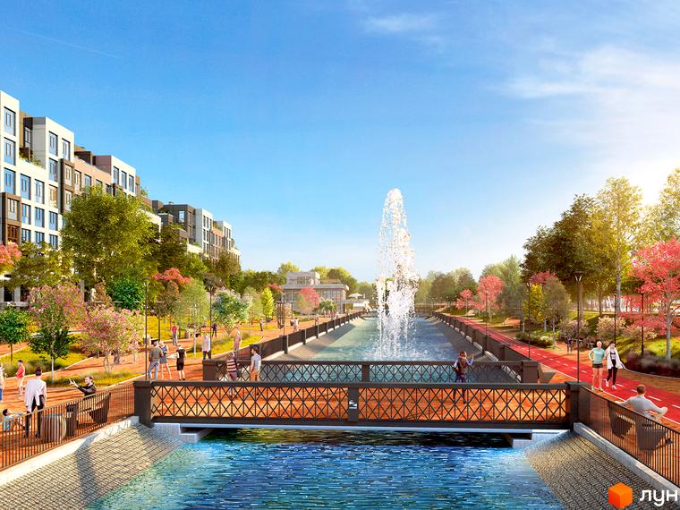 Житловий комплекс Riverside: багатоповерхові будинки з фасадами білого та сірого кольорів, розташовані вздовж каналу з фонтаном та пішохідними доріжками.