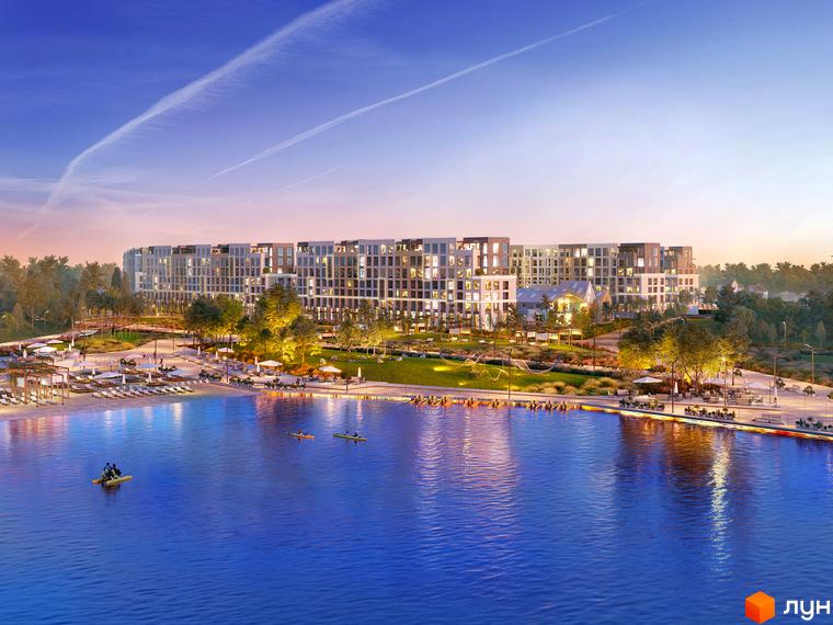 Житловий комплекс Riverside з фасадами з сірих та білих блоків, розташований на березі водойми з пляжем та зонами відпочинку.