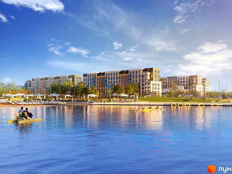 Житловий комплекс Riverside з багатоповерховими будинками на березі водойми, пляжем та зонами відпочинку.