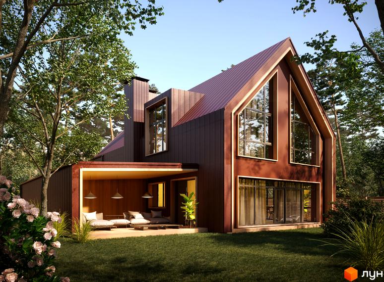 Котеджне містечко КМ Comfort Life Villas: двоповерховий будинок з коричневим фасадом та великими вікнами, зелена галявина та квіти перед будинком.