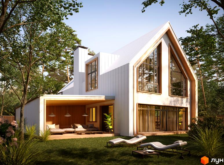 Котеджне містечко КМ Comfort Life Villas з білими стінами та дерев'яними елементами, великими вікнами, розташоване серед дерев. На прибудинковій території зелений газон та зони відпочинку з шезлонгами.