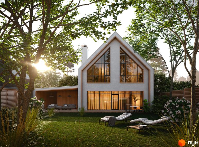 Котеджне містечко КМ Comfort Life Villas: двоповерховий будинок з великими вікнами та терасою, зелений двір з шезлонгами та деревами.