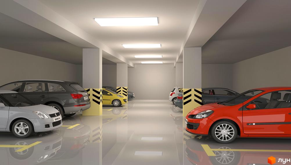 Підземний паркінг житлового комплексу Garden City Residence з автомобілями. Світле приміщення з колонами та лінійною системою освітлення.