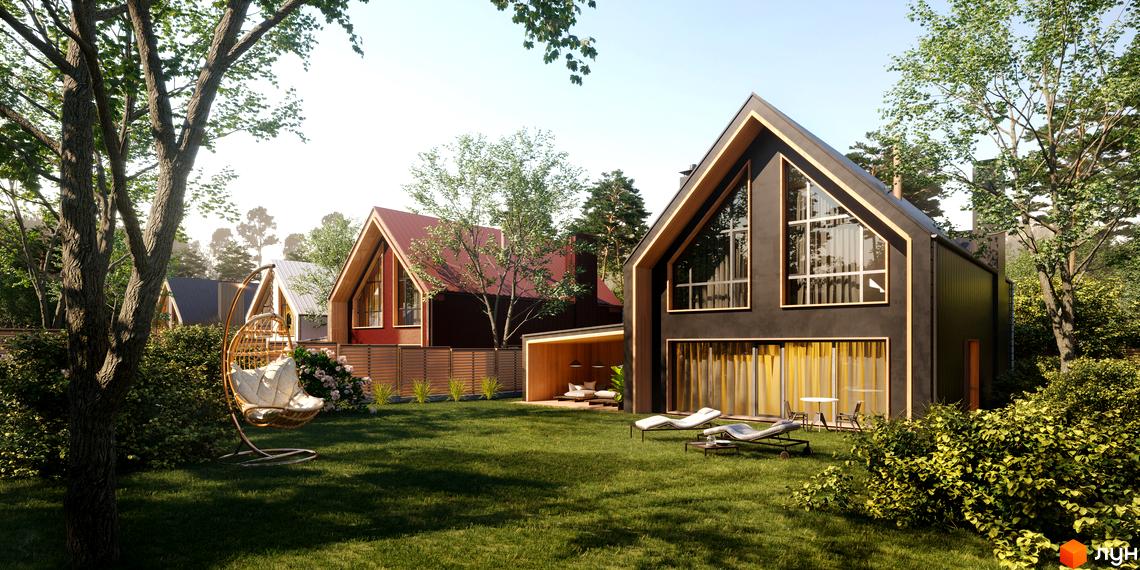 Котеджне містечко КМ Comfort Life Villas з а-подібними будинками та зеленим подвір'ям з шезлонгами та гойдалкою.