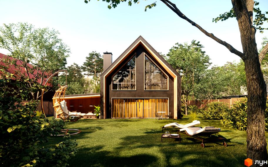 Котеджне містечко КМ Comfort Life Villas з темним фасадом та великими вікнами, оточений зеленню та зоною відпочинку з лежаками.