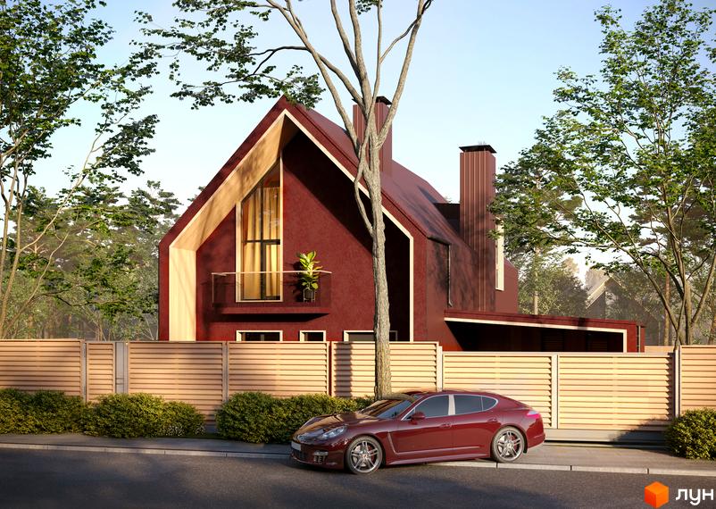 Котеджне містечко Comfort Life Villas з червоним фасадом та великим вікном, оточене деревами та огороджене дерев'яним парканом. Поруч стоїть бордовий автомобіль.