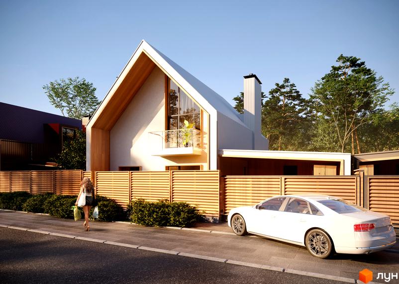 Котеджне містечко КМ Comfort Life Villas: сучасний двоповерховий будинок з дерев'яним оздобленням та великими вікнами, прибудинкова територія з парканом та автомобілем.