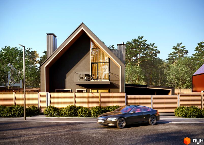 Котеджне містечко КМ Comfort Life Villas. Сучасний двоповерховий будинок з великими вікнами та балконом, оточений дерев'яним парканом та зеленню.