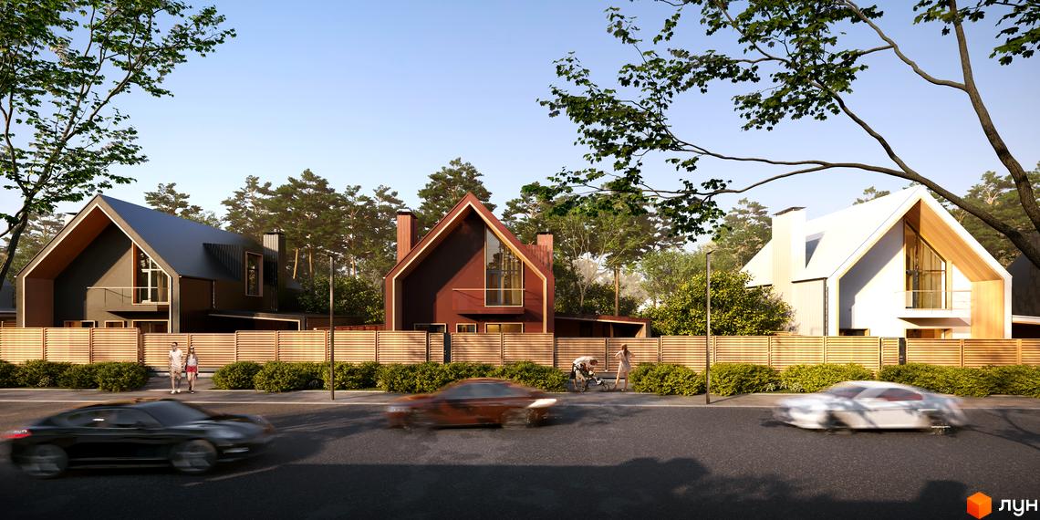 Котеджне містечко КМ Comfort Life Villas. Три сучасні будинки з трикутними дахами, дерев'яними парканами та зеленими насадженнями.