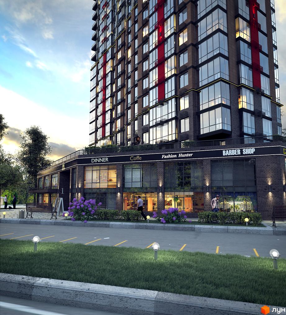 Високий Житловий комплекс Manhattan з темним фасадом та великими вікнами. На першому поверсі комерційні приміщення, поруч зелена зона з деревами та лавками.