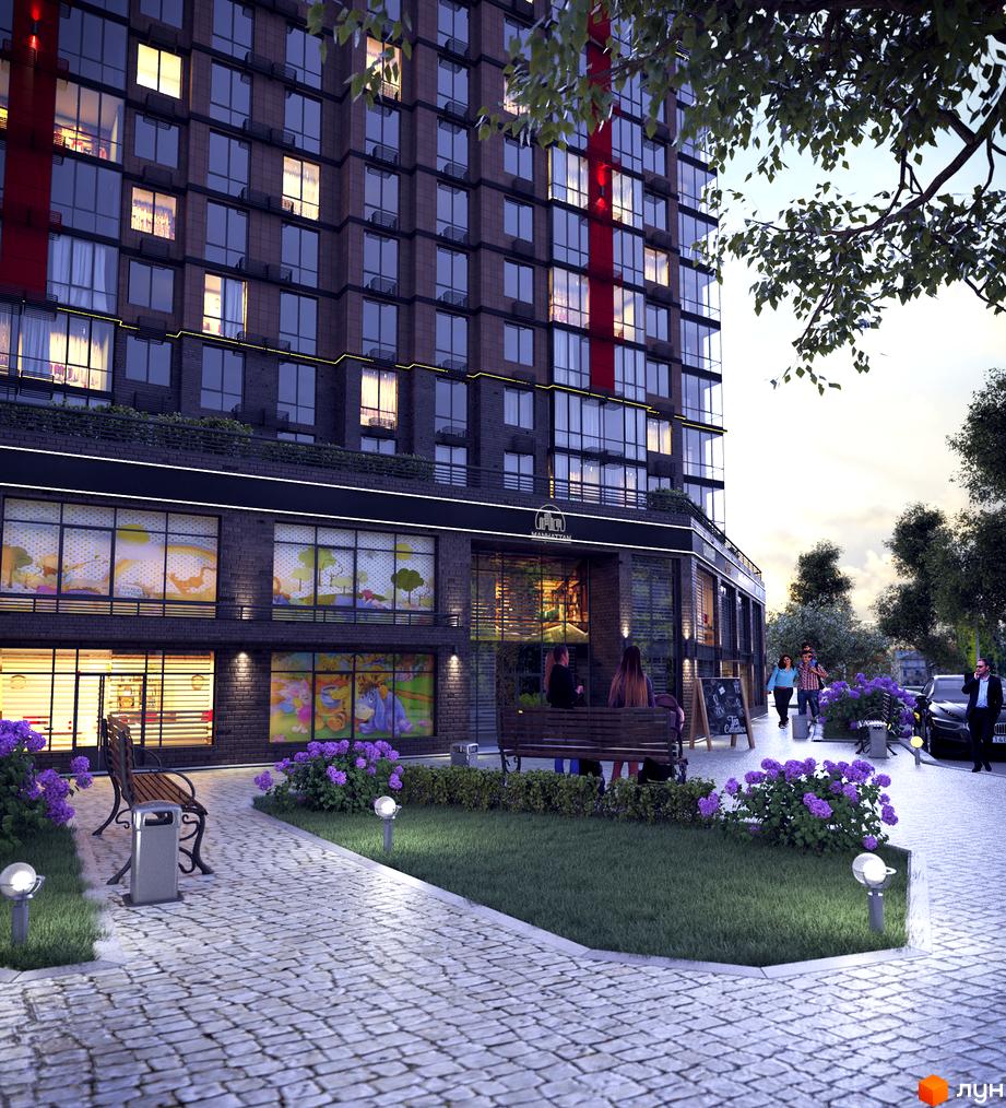 Житловий комплекс Manhattan: багатоповерховий будинок з темним фасадом та червоною смугою. Прибудинкова територія з брукованими доріжками, зеленими насадженнями та лавками.