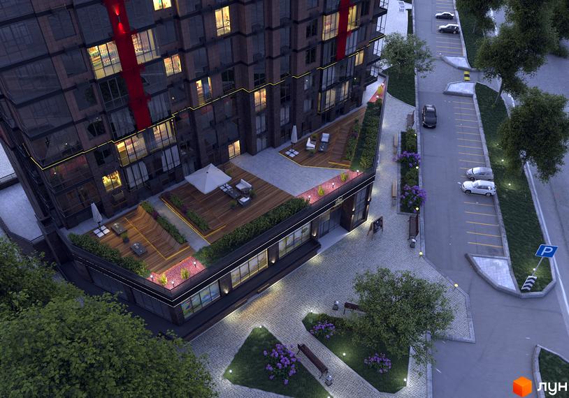 Багатоповерховий Житловий комплекс Manhattan з темним фасадом, скляними вікнами та червоною смугою. Прибудинкова територія має терасу, зелені насадження, освітлені доріжки та парковку.