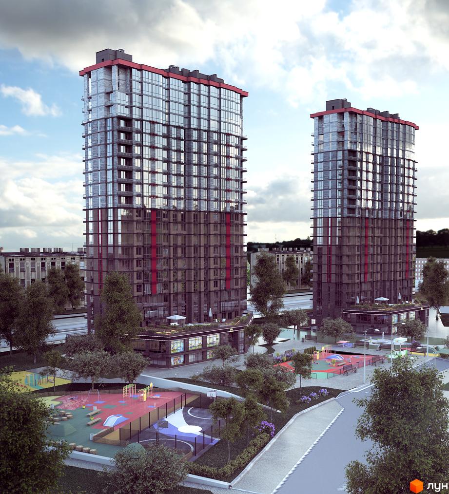 Житловий комплекс Manhattan: дві високі будівлі зі скляними фасадами та червоними елементами, оточені дитячими майданчиками та зеленими зонами.