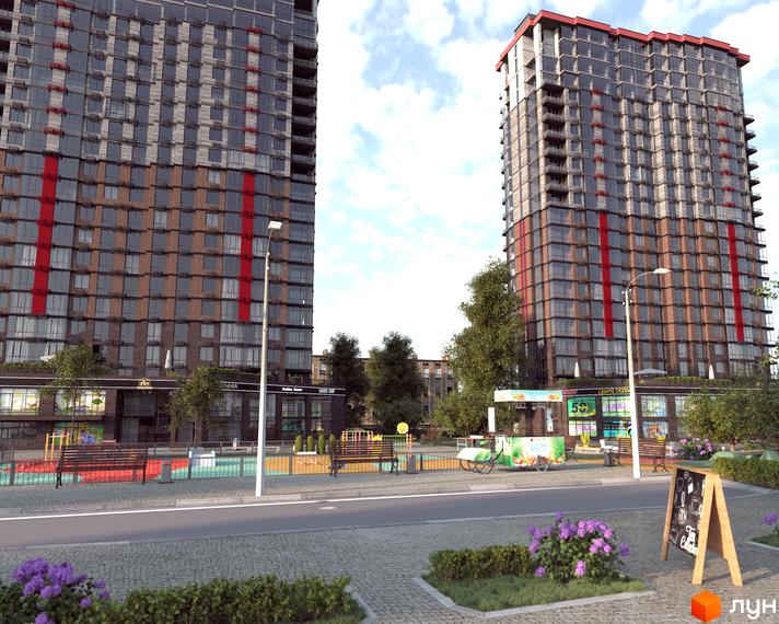 Житловий комплекс Manhattan: дві високі будівлі з фасадами зі скла та коричневих панелей, червоними смугами. Прибудинкова територія з дитячим майданчиком та зеленню.