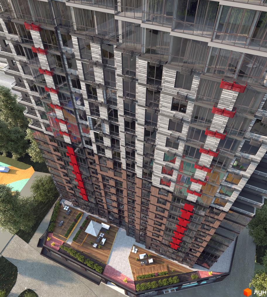 Житловий комплекс Manhattan: багатоповерховий будинок з комбінованим фасадом та червоними акцентами. Прибудинкова територія з терасами та дитячим майданчиком.