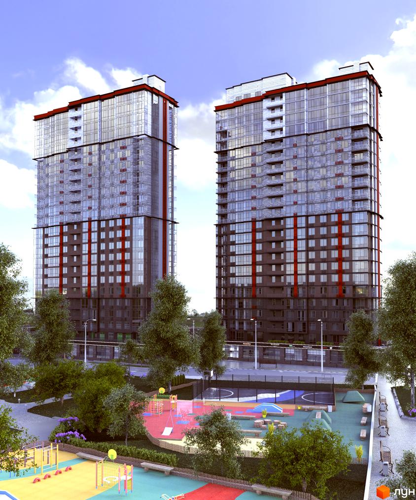 Житловий комплекс Manhattan: дві високі будівлі зі скляними фасадами та червоними акцентами. На передньому плані дитячий майданчик та спортивний корт.