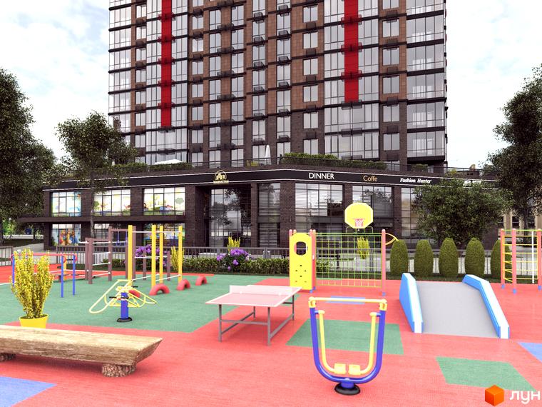 Новобудова Manhattan: високий житловий будинок з темним фасадом та червоними вертикальними акцентами. На території облаштований дитячий та спортивний майданчик.