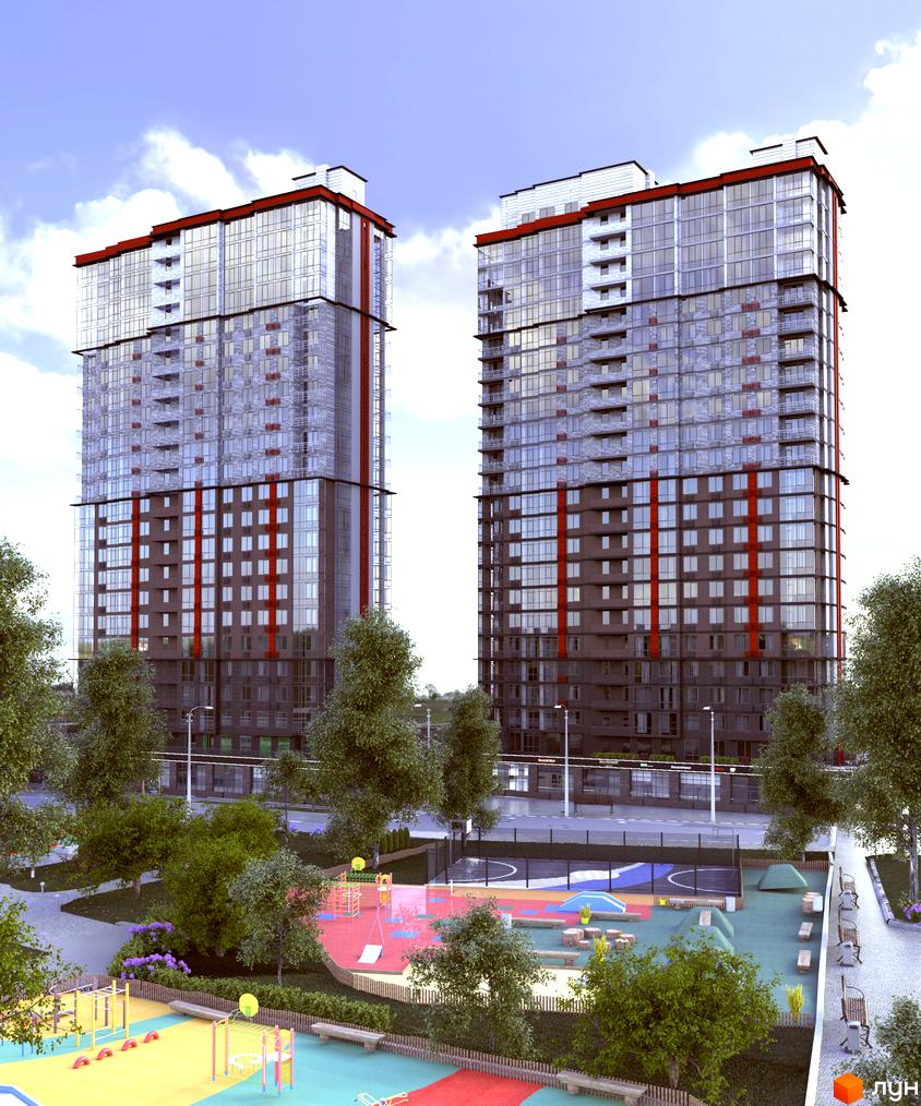 Житловий комплекс Manhattan: два висотні будинки зі скляними та кам'яними фасадами, червоними акцентами, оточені дитячим майданчиком та спортивним полем.