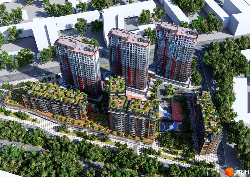 Житловий комплекс Manhattan: висотні будинки з комбінованими фасадами, оточені малоповерховими будівлями з зеленими дахами та спортивними майданчиками.