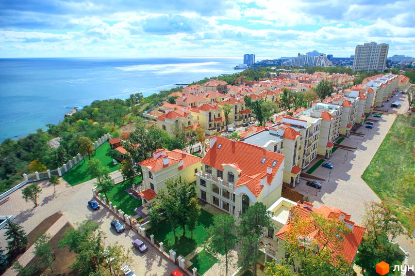 Житловий комплекс КМ Королівські сади з червоними дахами та зеленими територіями, вид з висоти. Прибудинкова територія з паркуванням та зеленими насадженнями.