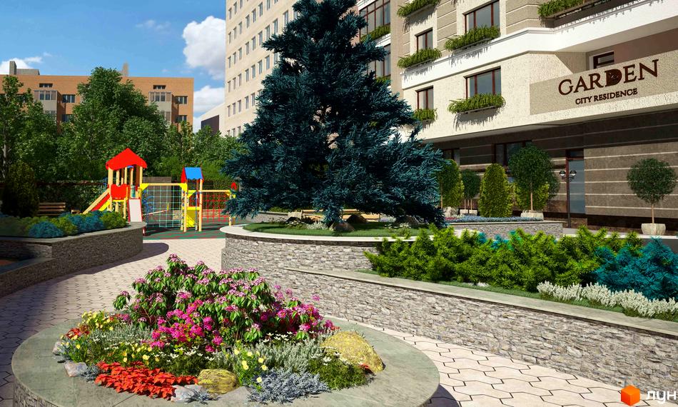 Житловий комплекс Garden City Residence з красивою архітектурою та доглянутою прибудинковою територією з дитячим майданчиком та зеленими насадженнями.