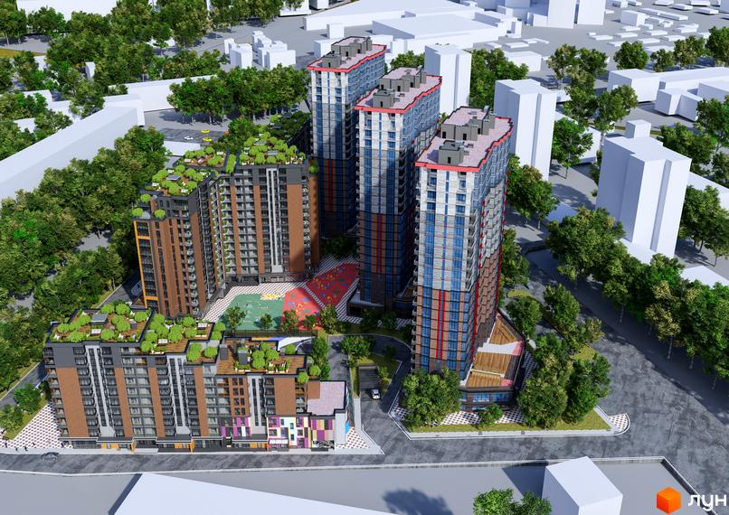 Житловий комплекс Manhattan з висотними будинками зі скляними та цегляними фасадами. На дахах нижчих будівель розташовані зелені зони, а у дворі – дитячий майданчик.