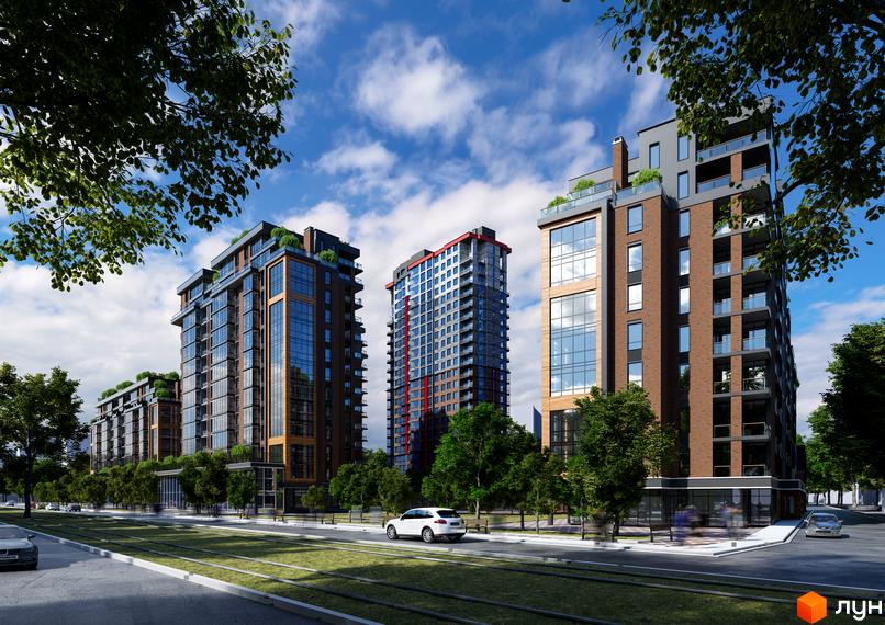 Житловий комплекс Manhattan: багатоповерхові будинки з цегляними та скляними фасадами, зеленими терасами. Прибудинкова територія з деревами та трамвайними коліями.