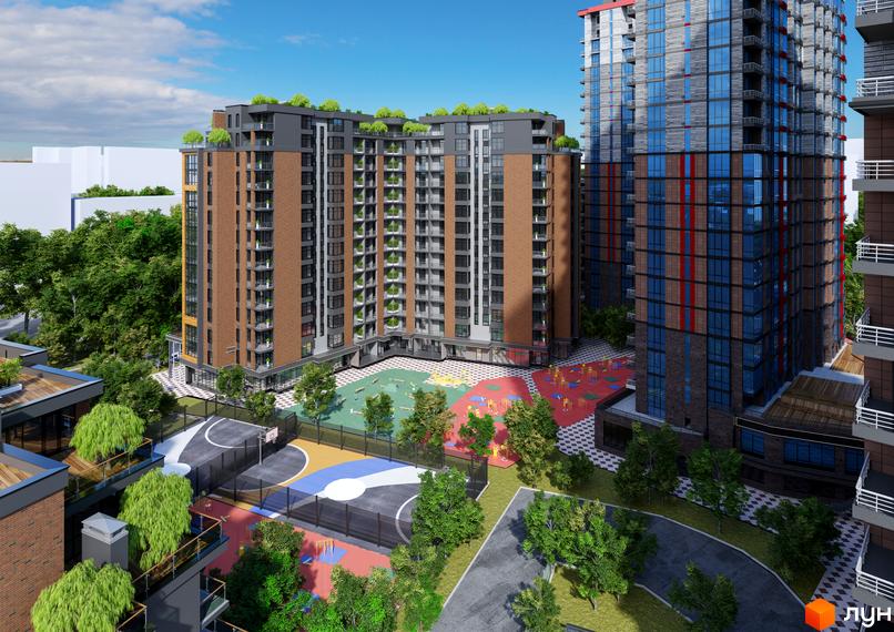 Житловий комплекс Manhattan з багатоповерховими будинками цегляного та скляного фасаду. На території є дитячий майданчик та баскетбольне поле.