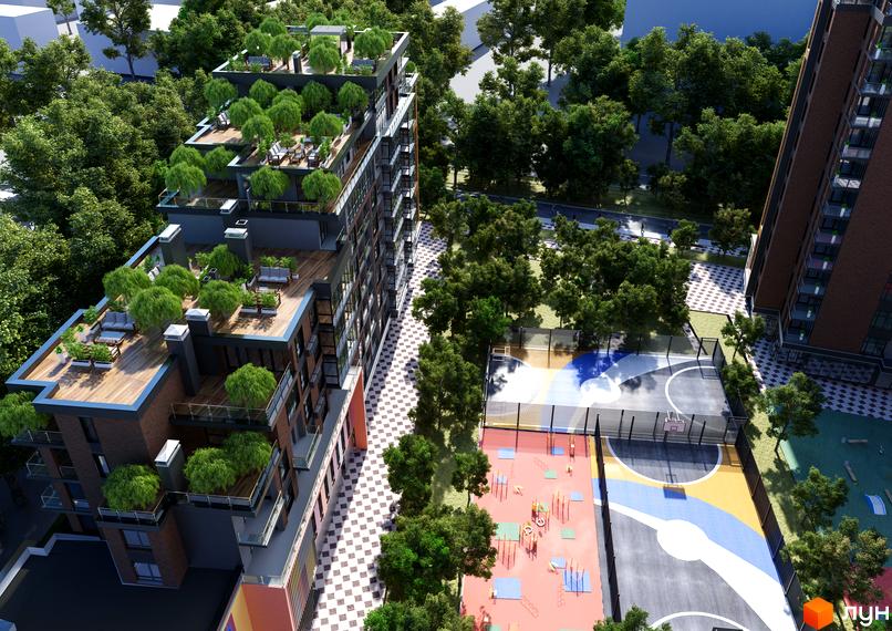 Багатоповерховий будинок Житлового комплексу Manhattan з терасами, зеленими насадженнями та зонами відпочинку. Поруч облаштовані спортивні майданчики та пішохідні доріжки.