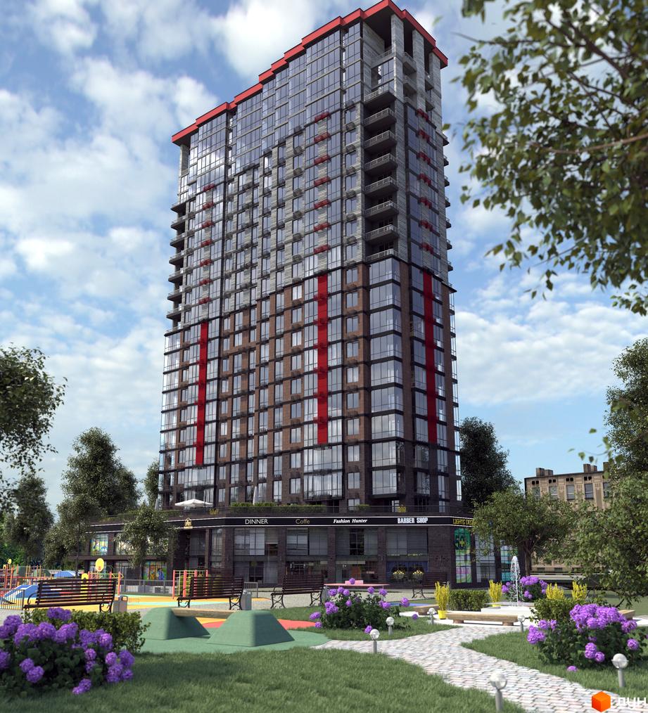 Житловий комплекс Manhattan: багатоповерховий будинок зі скляними фасадами та червоними смугами, оточений зеленим двором з дитячим майданчиком.