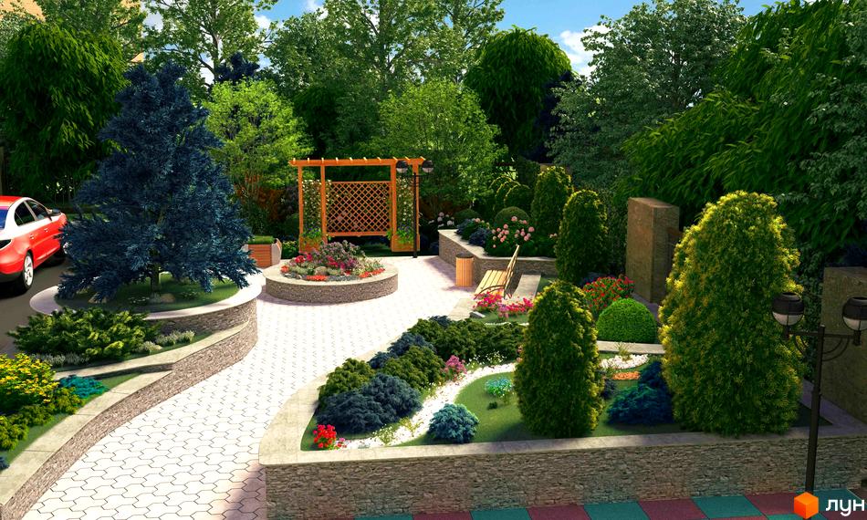 Garden City Residence. Архітектурний проєкт з доглянутою прибудинковою територією. Дорожки з бруківки, зелені насадження, квіти та декоративні дерева створюють атмосферу затишку та комфорту.