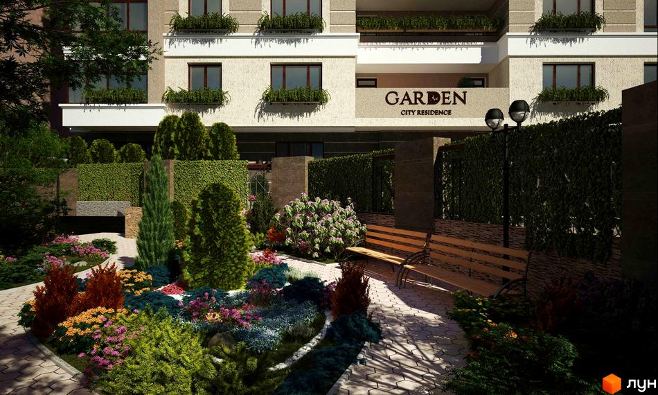 Зовнішній вигляд будинку Garden City Residence з великою кількістю зелені на прибудинковій території. На території є лавки для відпочинку та доглянуті клумби з рослинами.