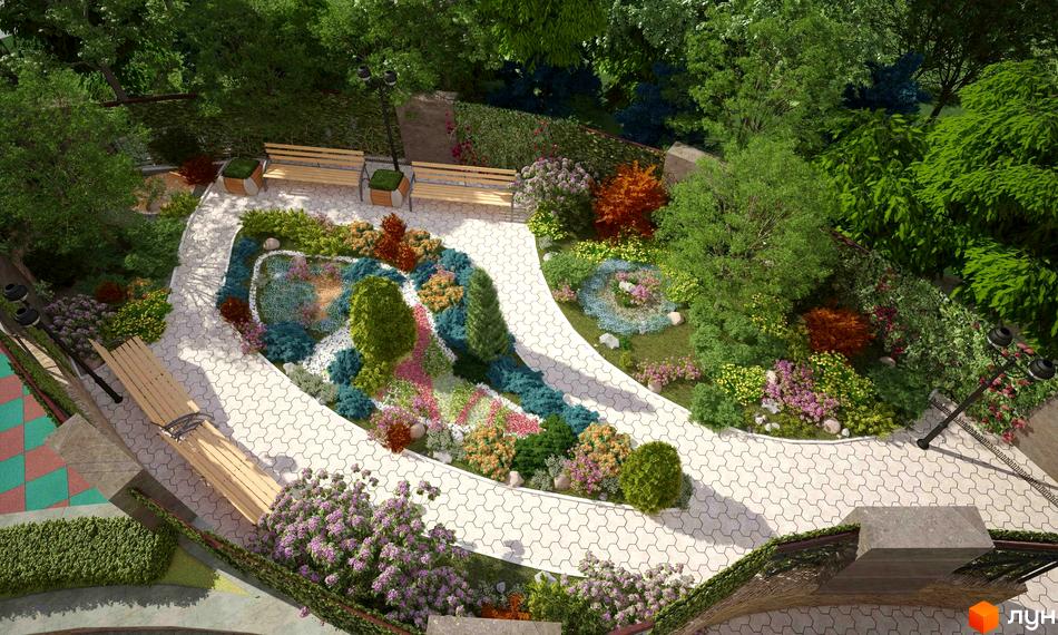 Garden City Residence — мальовничий житловий комплекс з доглянутою прибудинковою територією. На зображенні видно доріжки, лави та різноманітні рослини.