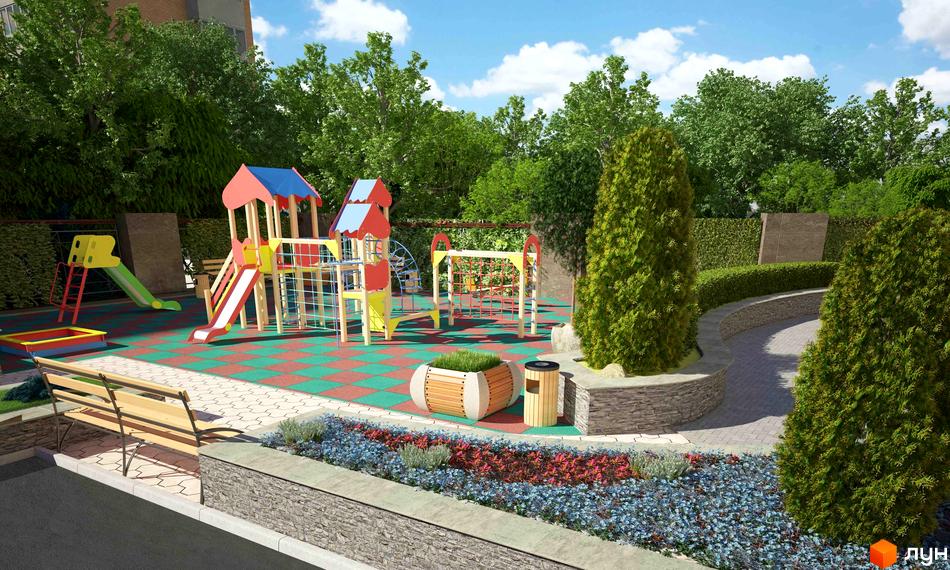 Дитячий майданчик у дворі житлового комплексу Garden City Residence. На території розташовані гірки, гойдалки та інші розваги для дітей.