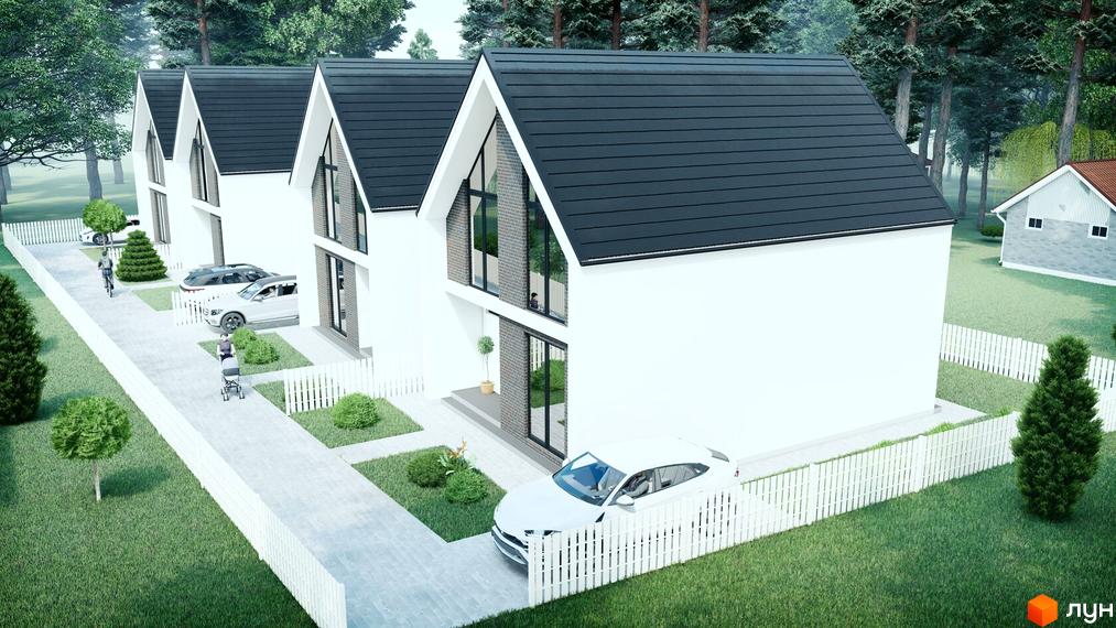 Котеджне містечко КМ Villa La Riviera. Три сучасні білі будинки з темними дахами та великими вікнами, огороджені білим парканом, розташовані серед дерев.