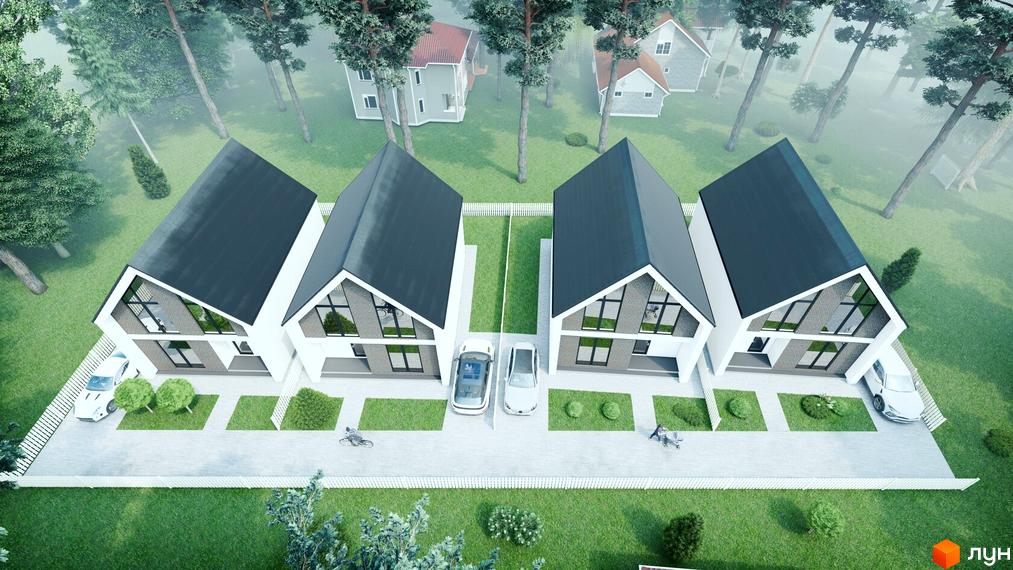 Котеджне містечко КМ Villa La Riviera. Сучасні будинки з темними дахами та великими вікнами, розташовані на доглянутій зеленій території з доріжками та деревами.