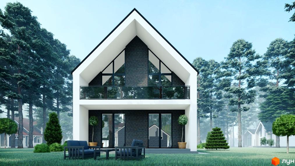 Котеджне містечко Villa La Riviera: двоповерховий будинок з панорамними вікнами та балконом, оточений зеленню та деревами.