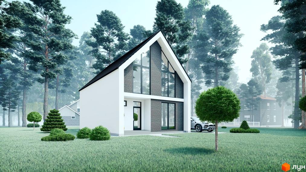 Котеджне містечко Villa La Riviera: двоповерховий будинок з великими вікнами та цегляним фасадом на тлі соснового лісу. Доглянута прибудинкова територія з газоном та декоративними деревами.