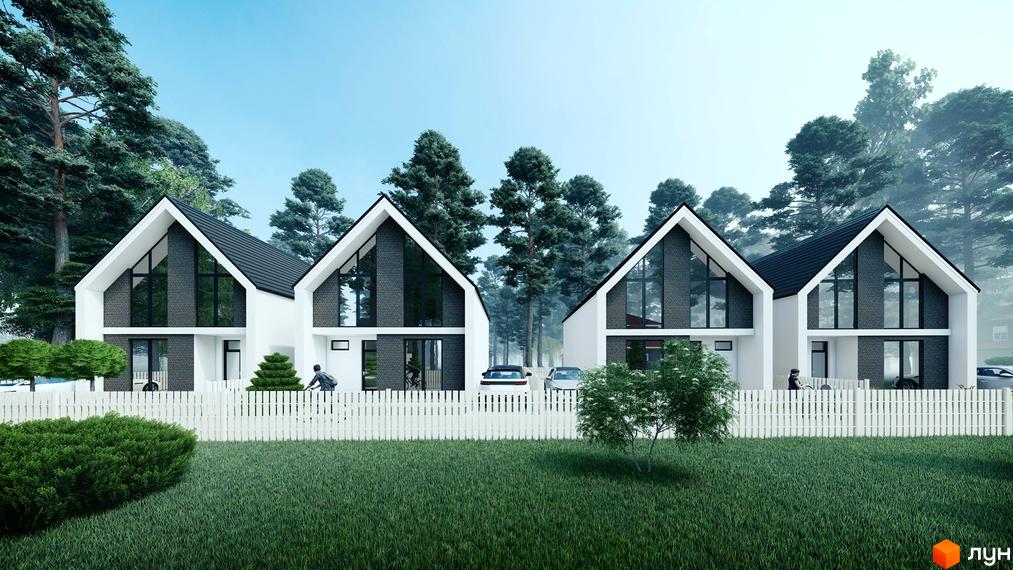 Котеджне містечко КМ Villa La Riviera: фасади будинків з великими вікнами та темним дахом, огороджені білим парканом, на тлі соснового лісу.