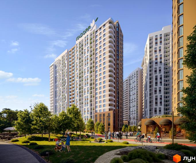 Житловий комплекс KADORR City з високими будинками та зеленою прибудинковою територією, де відпочивають люди. На фасаді будинку є напис KADORR.