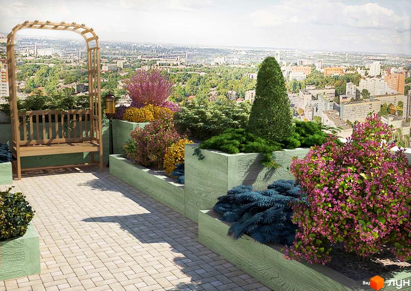 Garden City Residence. Тераса з рослинами та видом на місто. Зелені насадження, декоративні кущі та дерева створюють затишну атмосферу.