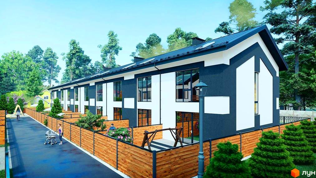 Таунхауси „Київський“: двоповерхові будинки з темною та білою обробкою, великими вікнами та індивідуальними двориками. Територія комплексу з зеленими насадженнями та дитячим майданчиком.