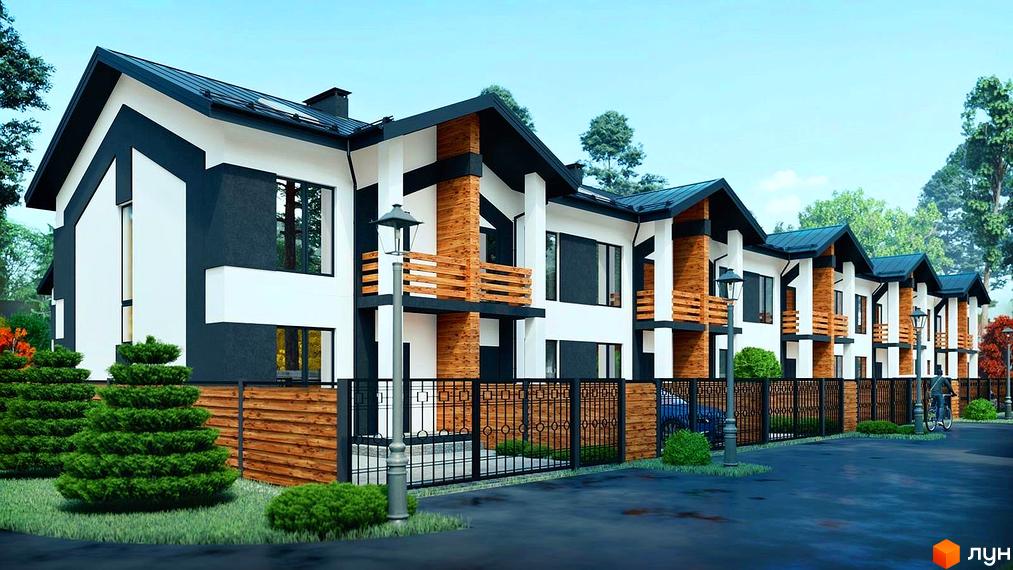 Зовнішній вигляд таунхаусів Київський з біло-чорними фасадами та дерев'яними елементами. Прибудинкова територія з газоном, парканом та вуличними ліхтарями.