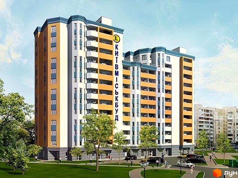 Житловий комплекс Драгоманова: фасади будівель з жовто-білими та синіми елементами, балконами. Прибудинкова територія з деревами, доріжками та автомобілями.